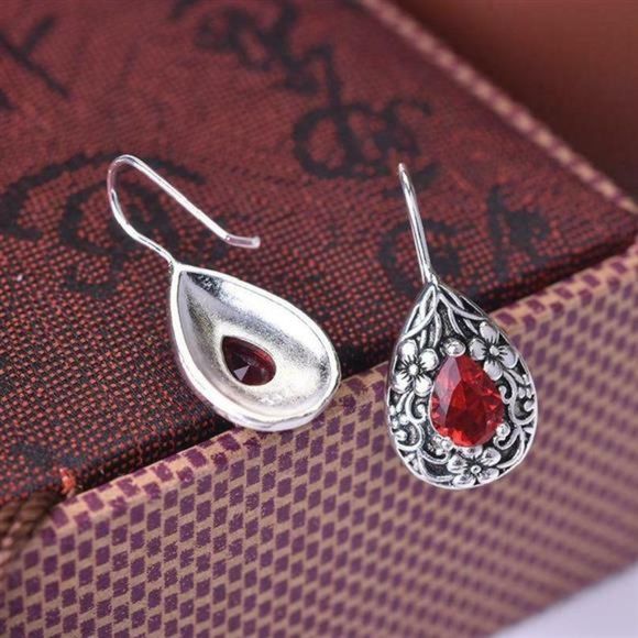 Women's Earring Artificial Red Ruby Drop Earrings 925 Silver Plated Boho Style - Picture 4 of 6